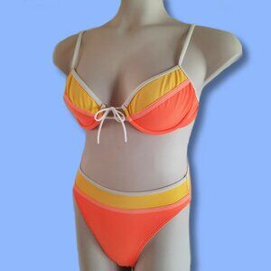 Vintage 90s Christina High Cut Bikini Size M Orange Yellow Color block 2 Tone